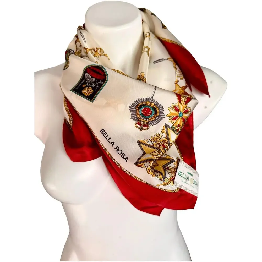 Vintage Bella Rosa Silk Scarf NWT Heraldic Medallion Crest Print 1980s Red 31x31